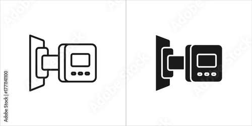 Smart home thermostat on wall in line and glyph style