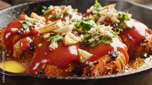 Plated chicken with sauce garlic  herbs in skillet