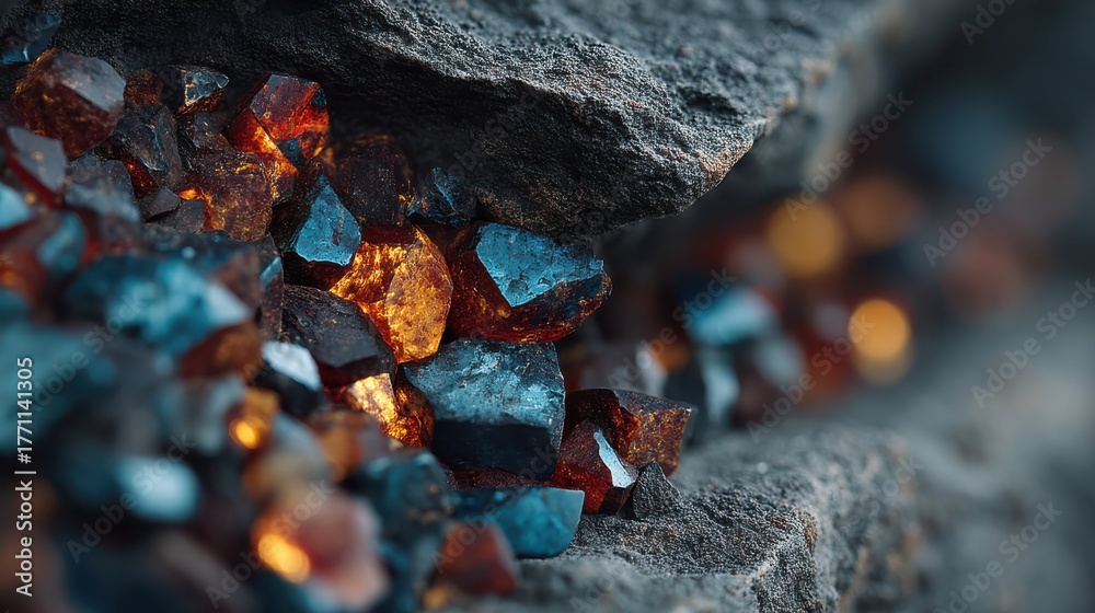 Fototapeta premium A close-up view of shimmering gemstones embedded in rocky terrain, showcasing their vibrant colors and textures.