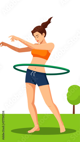 A young woman in athletic wear is shown hula hooping outdoors in a park on a sunny day.
