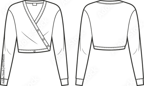 Cropped wrap cardigan technical fashion flat, long sleeve knitwear top front back cad drawing