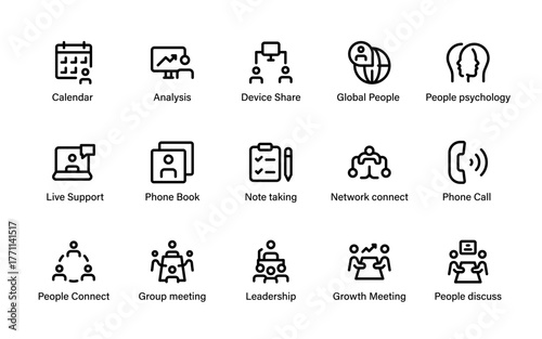 Professional business team collaboration and communication concept. Icons for strategy, planning, meetings, and leadership growth in a connected corporate network.