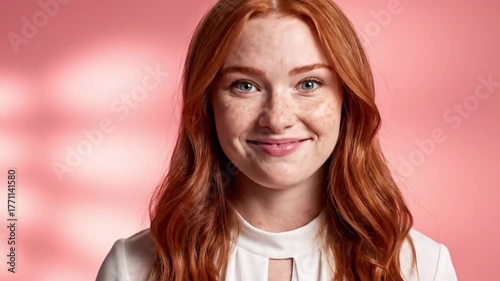 Portrait of a smiling young woman with red hair freckles and blue eyes against a pink background
