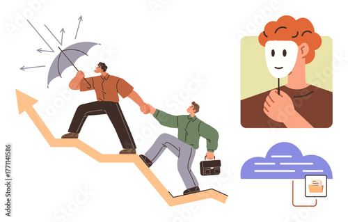 Professionals collaborate to climb growth chart, one shields from challenges while cloud tech and honesty concepts align. Ideal for teamwork, leadership, growth, resilience, transparency, business