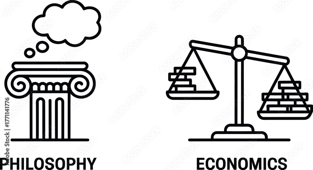 Naklejka premium Minimalist line art icons of philosophy and economics for educational concepts vector