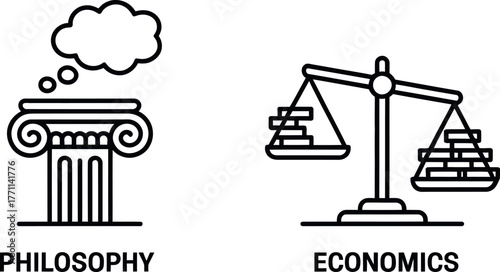 Minimalist line art icons of philosophy and economics for educational concepts vector