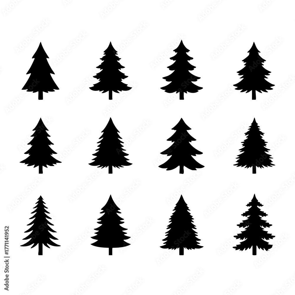 Obraz premium Pine Tree Silhouettes Collection — Black Evergreen Forest Icons, Fir, Spruce, Cedar Vector Set on White Background