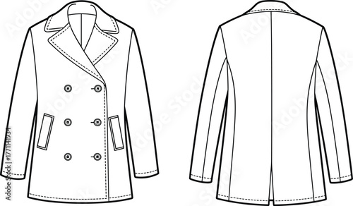 Double-breasted coat technical sketch, front and back view, pea coat design, fashion flat, notched lapel, garment construction, outerwear illustration