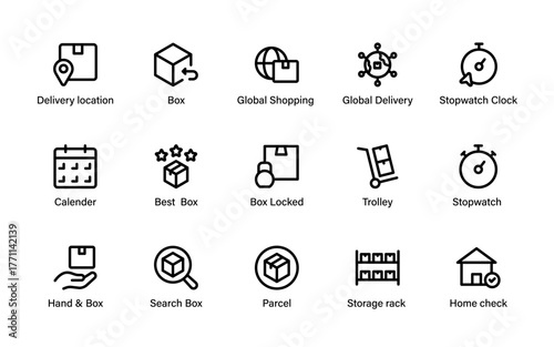 Ecommerce and global logistics icon set. featuring delivery, timers, and package tracking.