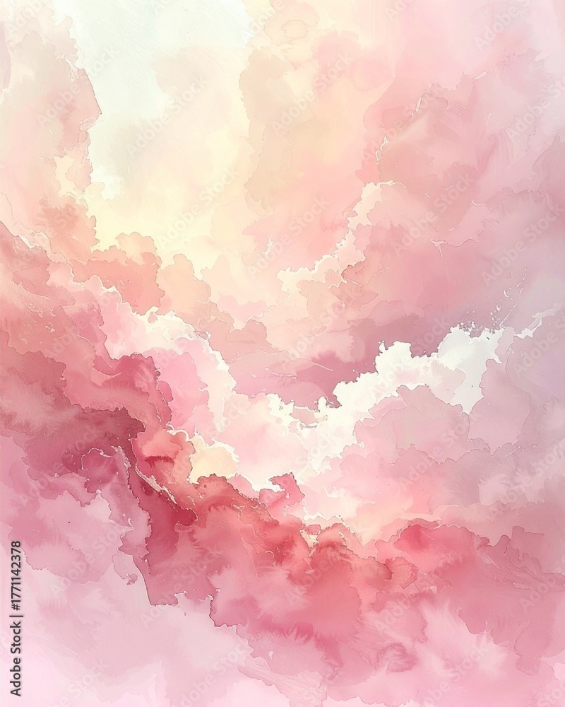 Obraz premium Abstract watercolor painting of soft pink and peach clouds with ethereal light and a dreamy, serene atmosphere.