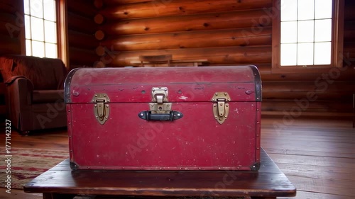 Vintage Red Trunk in a Cozy Log Cabin Interior, Nostalgic Treasure Chest Still Life