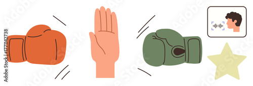Orange glove, raised hand, green glove in sequence with speaking profile and star. Ideal for negotiation, peace, teamwork, decision-making, leadership dialogue communication. Simple flat metaphor
