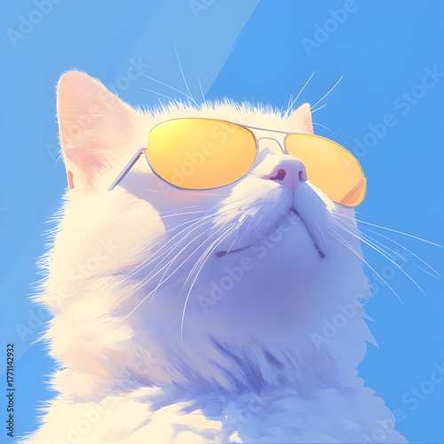 Playful cat in sunglasses urban setting digital art bright colors whimsical perspective