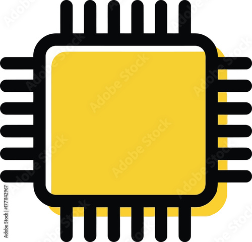 A simple yellow and black illustration of a computer microchip icon