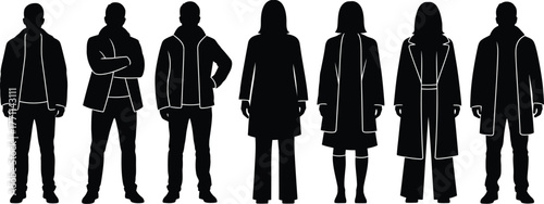 Fashion silhouette vector set of people wearing coats jackets