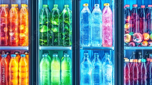 Refreshing beverage selection in a supermarket fridge vibrant colors captivating display