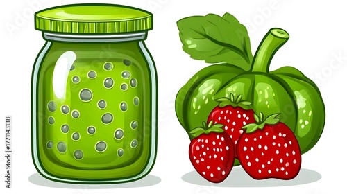 Making green strawberry jam at home kitchen food preparation cozy top-down view culinary delight