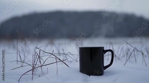 Steaming coffee cup in winter landscape with snow covered ground background
