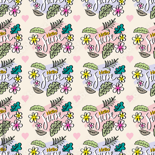 Seamless pattern with june lettering, hand drawn flowers and leaves. Vector illustration.