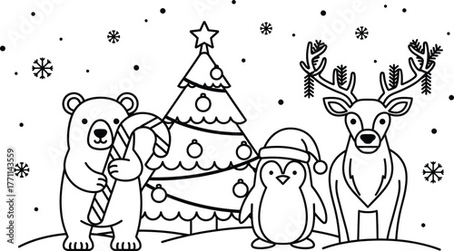 Christmas coloring page with bear reindeer penguin and tree art
