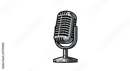 A classic, vintage-style broadcast microphone with a metallic finish on a stand, often associated with recording, radio, and public speaking.