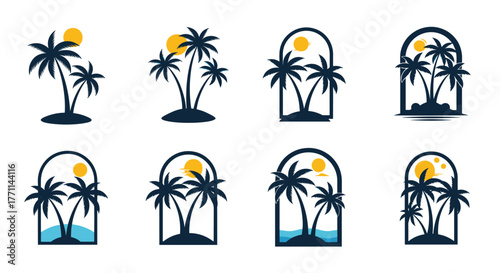 A collection of modern tropical palm tree and sun logo designs, featuring islands and beach scenes for summer branding.
