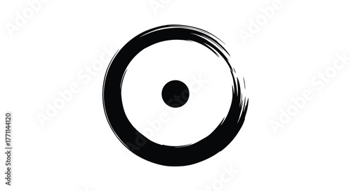 Artistic black brushstroke circle with a solid black dot in the center on a white background, resembling ancient symbols.