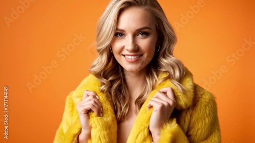 Smiling woman with blonde wavy hair wearing a yellow fur jacket against an orange background
