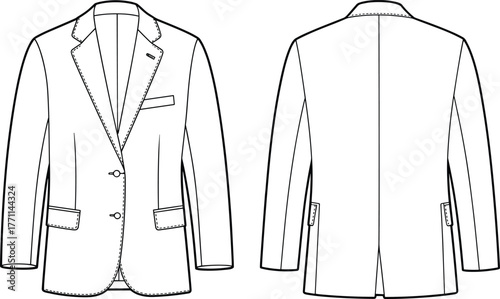 Men’s formal blazer fashion flat sketch, front and back technical drawing, tailored jacket design template for clothing, apparel, and garment illustration