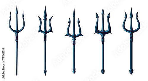 Set of five distinct stylized dark blue tridents, featuring designs representing ancient marine power and mythological deities, isolated on a white background.