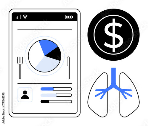 Smartphone app displays a pie chart, user progress bars, and profile alongside dollar sign and lungs graphic. Ideal for health monitoring, budget management, fitness goals, analytics, healthcare