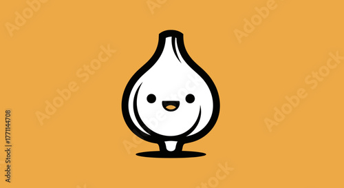 A happy white cartoon garlic bulb with black outline and features on an orange background