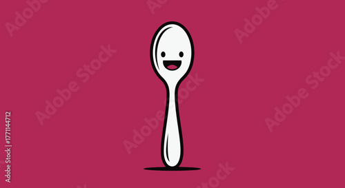 Cartoon spoon with a smiling face, set against a maroon backdrop