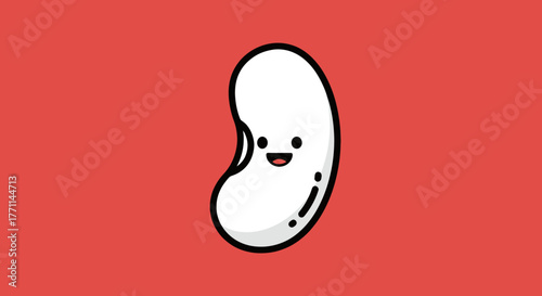 A cute, smiling white bean with black outline, on a red background. Simple design