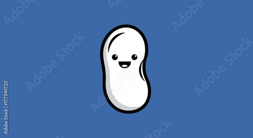 A cartoon white bean with a smiling face against a blue background