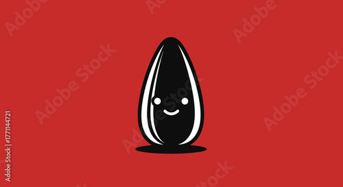 Smiling seed cartoon character with a small shadow, set against a red background