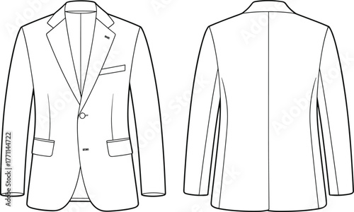 Men’s formal blazer front and back view, fashion technical flat sketch, suit jacket illustration, clothing design template, tailoring vector drawing