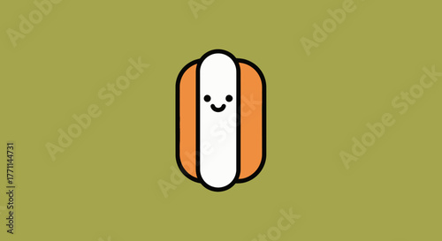 A cartoon hot dog with a smiley face on a mustard-yellow green background