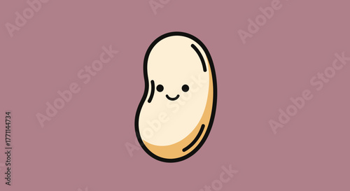 Smiling, cartoon bean with a black outline and yellow accents on a mauve background