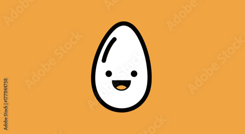 Cartoonish, smiling egg on a solid orange background.  Minimalist style, bold outlines
