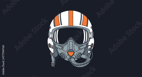A detailed illustration of a classic fighter pilot helmet with an oxygen mask and goggles on a dark background.