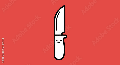 A minimalist, cartoon-style knife with a smiling face on a red background