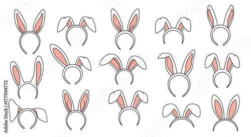 A diverse collection of cute white and pink bunny ear headbands in various styles, perfect for Easter, costume parties, and festive celebrations.
