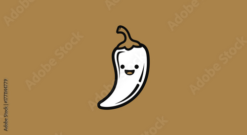 A white, cartoonish chili pepper with a smiling face on a brown background