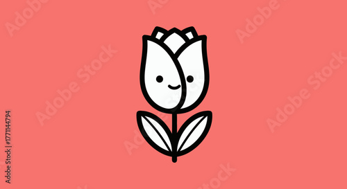 A cute cartoon tulip with a smiling face and simple black outline on a coral background