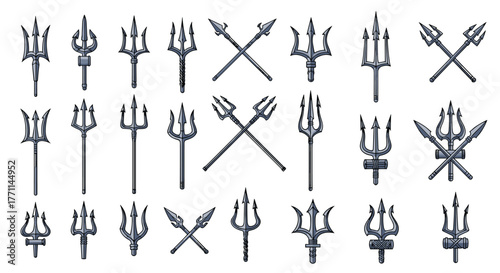 Vector illustrations of various stylized tridents, symbols of sea gods and power, alongside crossed spear designs, suitable for mythology and fantasy concepts.