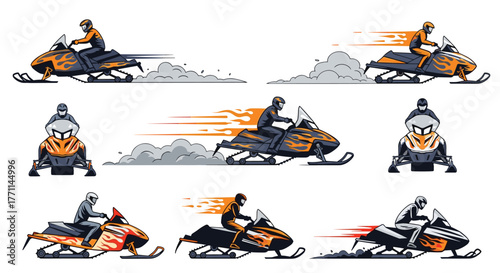 Dynamic snowmobile illustrations showcasing riders in action with speed effects and different perspectives on white background.