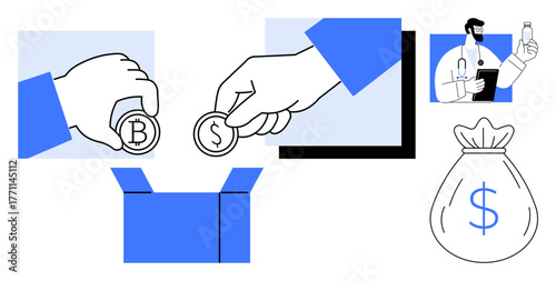 Hands donate dollar and bitcoin coins into a box, doctor in frame signifies healthcare funding, money bag symbolizes financial aid. Ideal for charity, healthcare, donation, crowdfunding