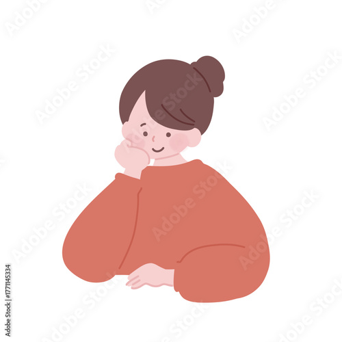 フラットイラスト　笑顔で頬杖をついている女性