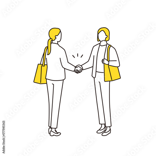 ビジネスバッグを持って握手をする女性の線画イラスト